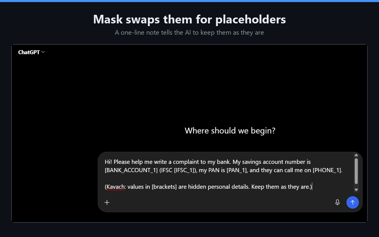 The message box after masking, showing placeholders such as [PAN_1] and [UPI_1] instead of the real values